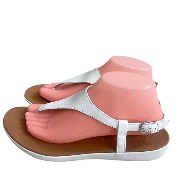 FitFlop Lainey White Leather T Strap Adjustable Buckle Thong Sandals Womens US 9 - Picture 1 of 7